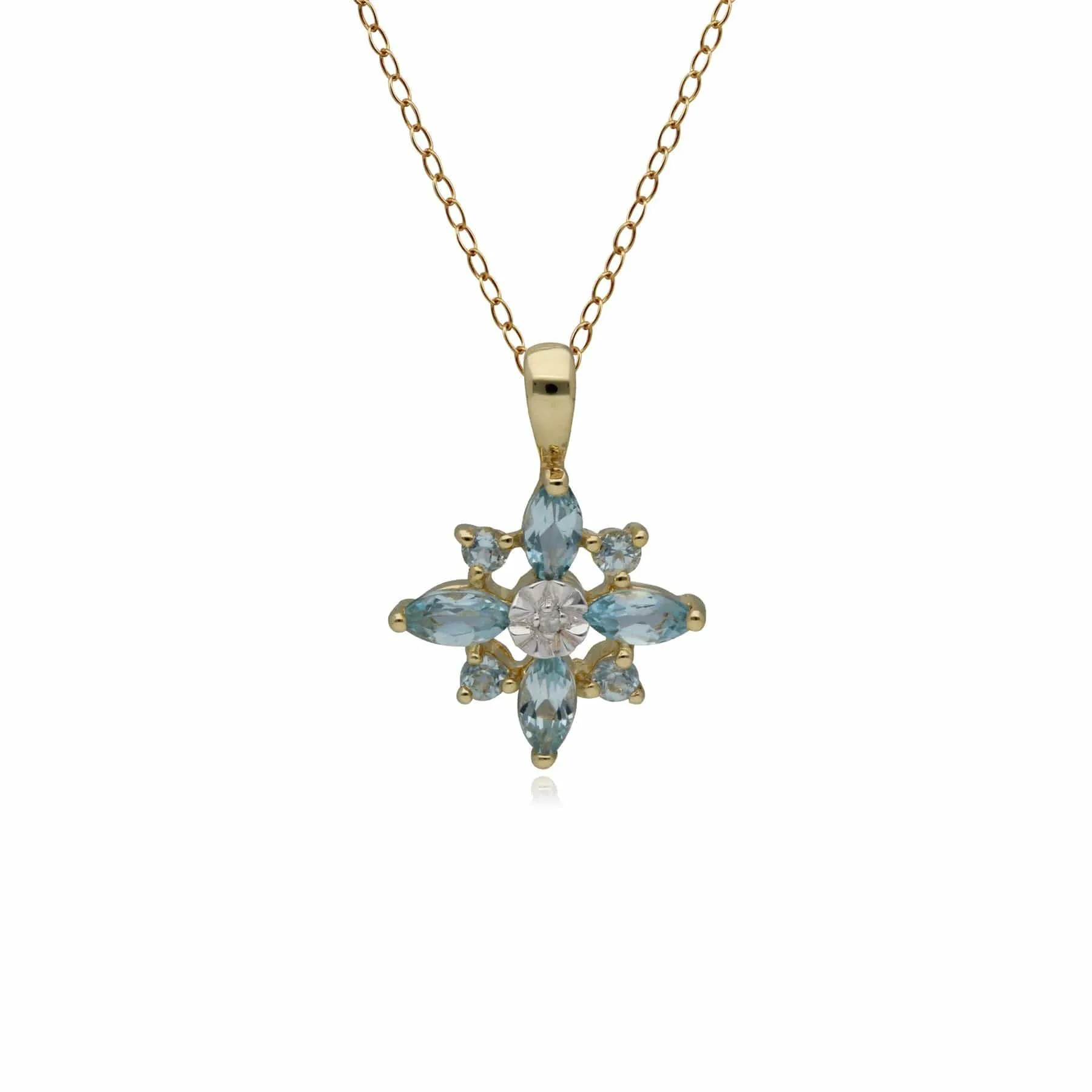 Classic Blue Topaz & Diamond Starburst Pendant in 9ct Yellow Gold sold by Gemondo Jewellery