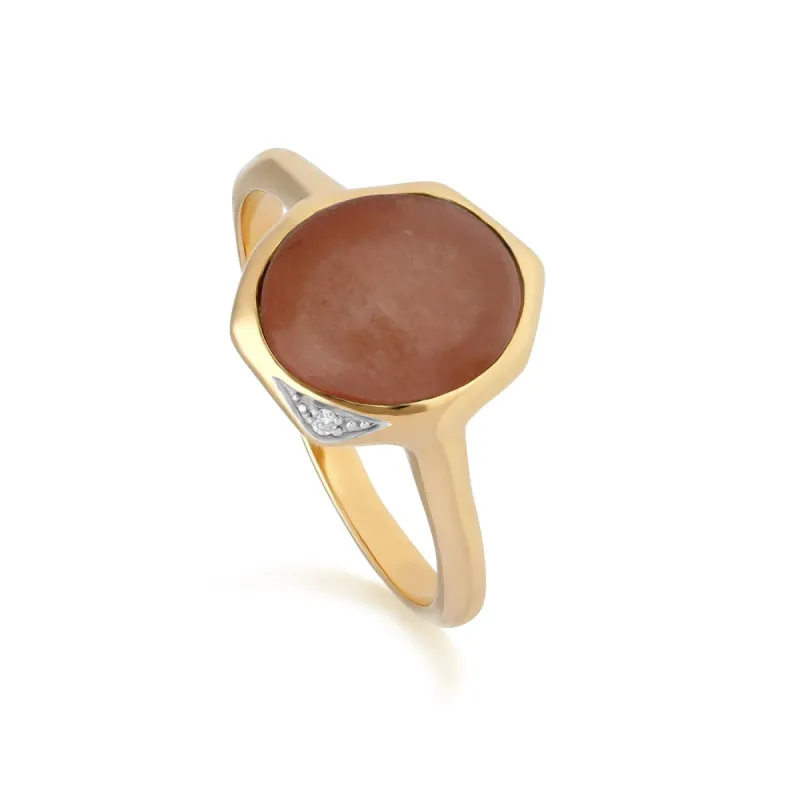 Irregular B Gem Dyed Red Jade & Diamond Ring in Gold Plated Sterling Silver sold by Gemondo Jewellery