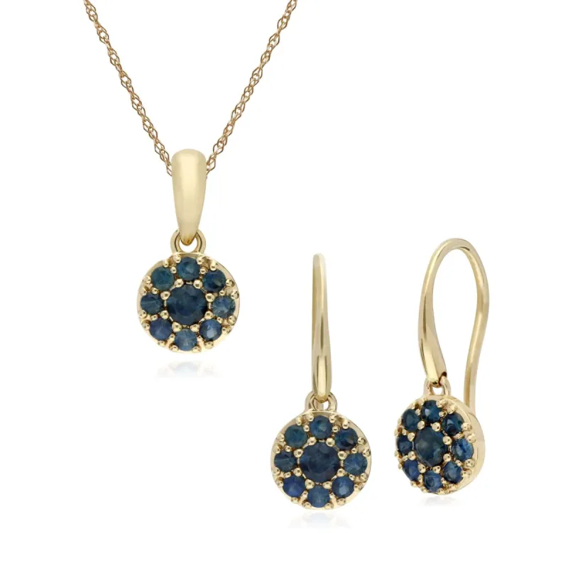 Classic Round Sapphire Cluster Drop Earrings & Pendant Set in 9ct Yellow Gold sold by Gemondo Jewellery