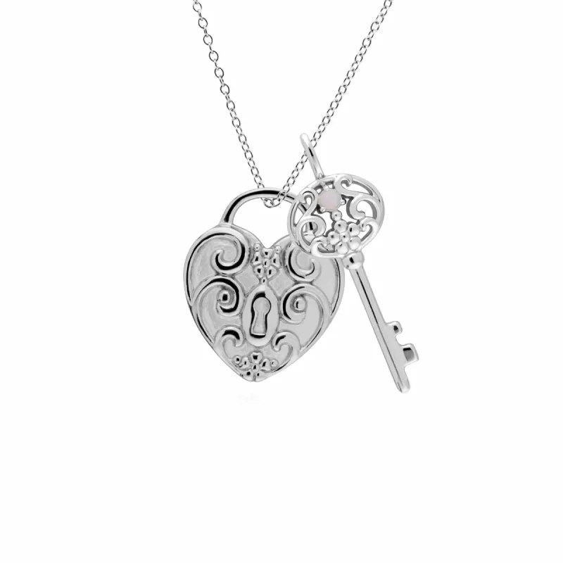 Classic Swirl Heart Lock Pendant & Opal Big Key Charm in 925 Sterling Silver sold by Gemondo Jewellery