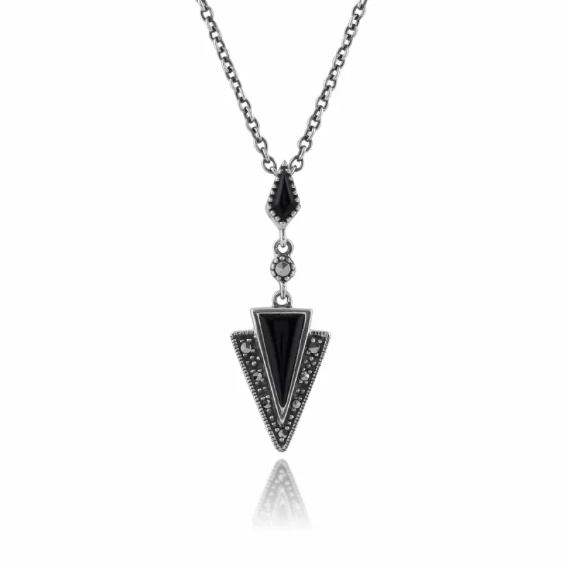 Art Deco Style Black Onyx & Marcasite Pendant in 925 Sterling Silver sold by Gemondo Jewellery