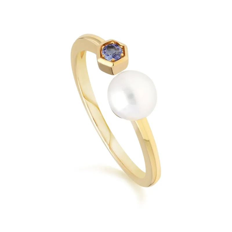 Modern Pearl & Tanzanite Open Ring in 9ct Gold sold by Gemondo Jewellery