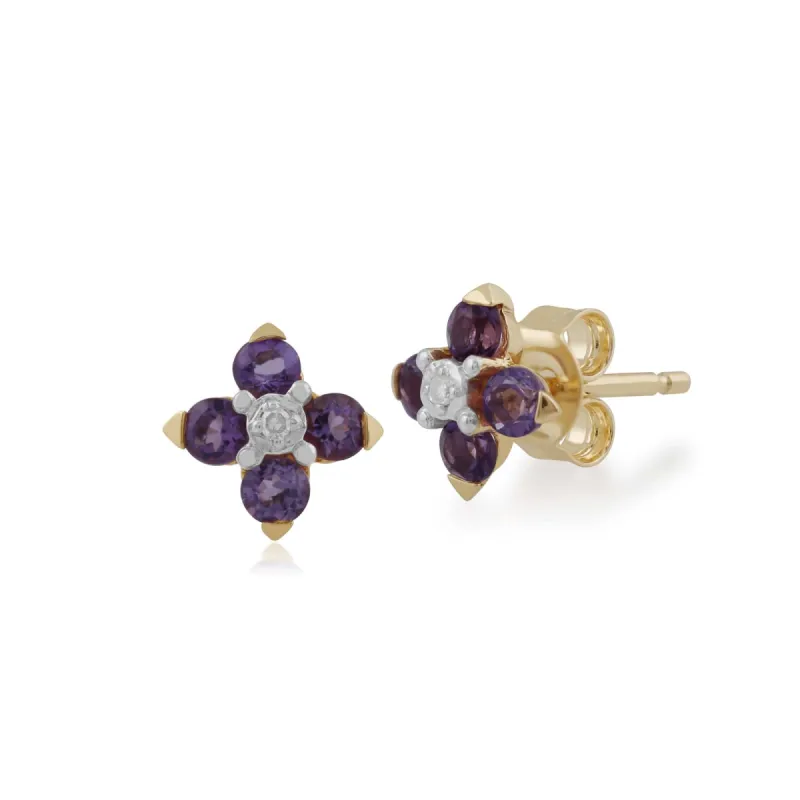 Gemondo Amethyst & Diamond Quatrefoil Stud Earrings in 9ct Yellow Gold sold by Gemondo Jewellery