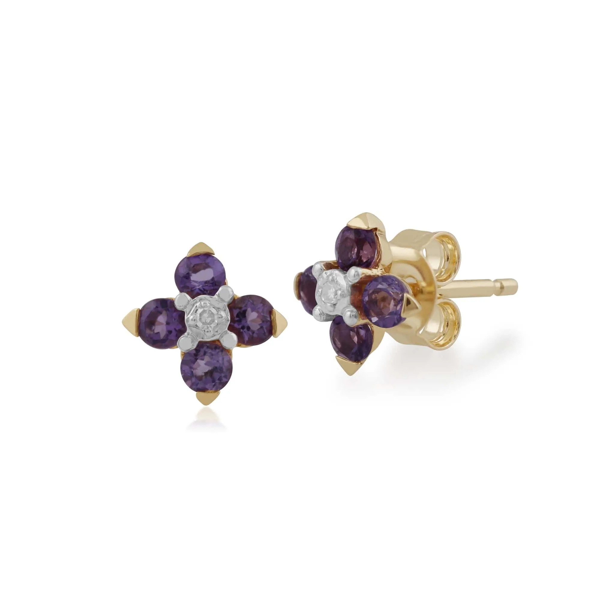 Gemondo Amethyst & Diamond Quatrefoil Stud Earrings in 9ct Yellow Gold sold by Gemondo Jewellery