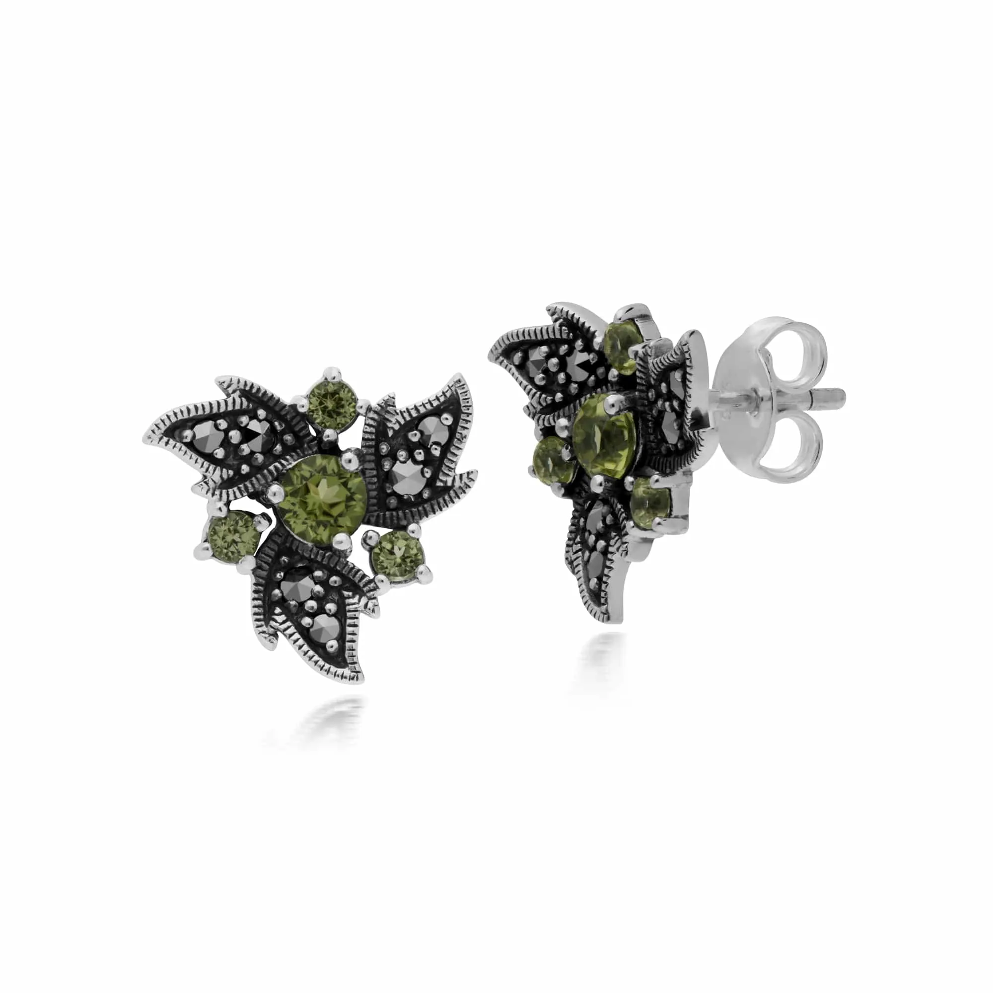 Gemondo Sterling Silver Peridot & Marcasite Art Nouveau Floral Earrings sold by Gemondo Jewellery