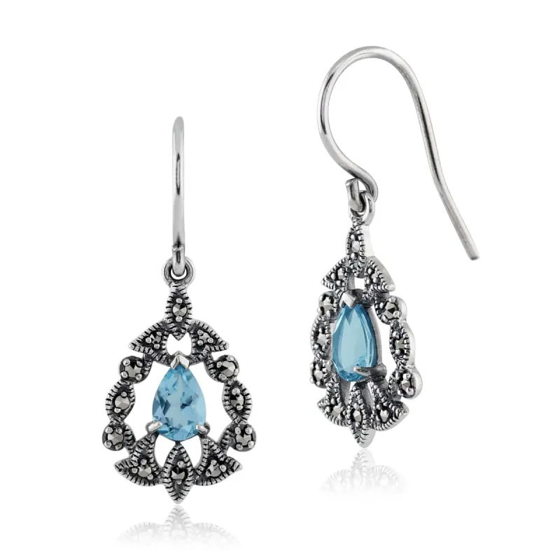 Art Nouveau Style Pear Blue Topaz & Marcasite Drop Earrings in 925 Sterling Silver sold by Gemondo Jewellery