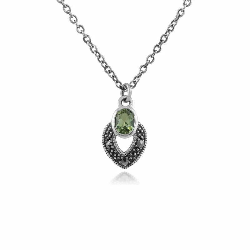 Art Deco Style Oval Peridot & Marcasite Necklace in Sterling Silver sold by Gemondo Jewellery