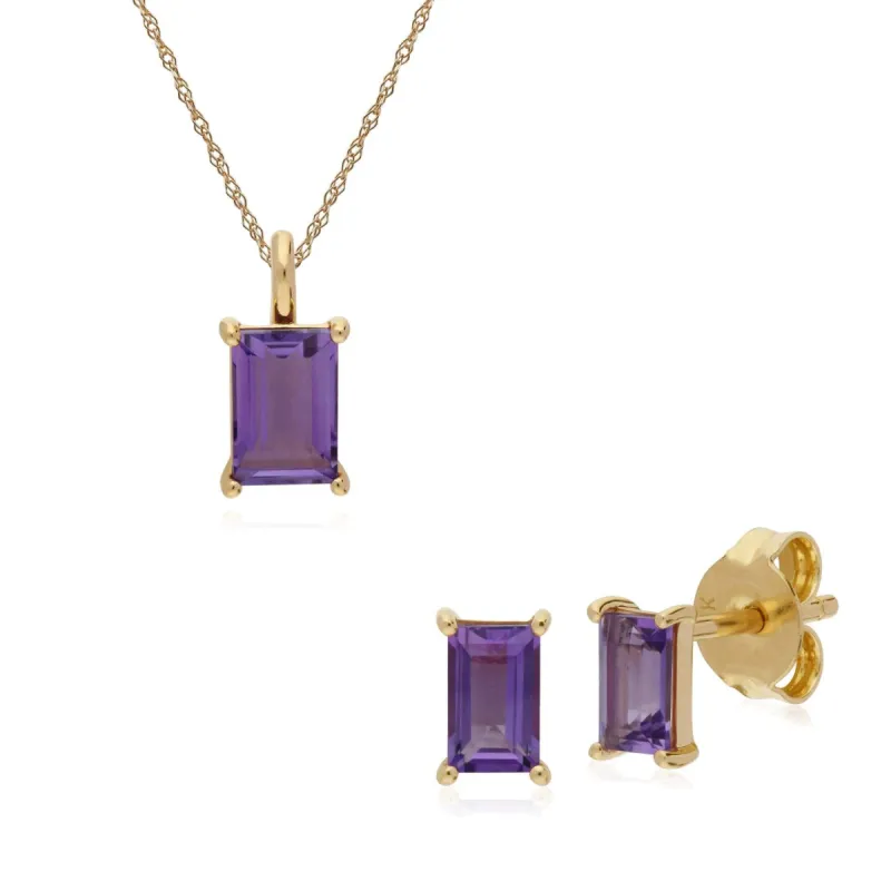 Classic Round Amethyst Single Stone Baguette Stud Earrings & Necklace Set in 9ct Yellow Gold sold by Gemondo Jewellery