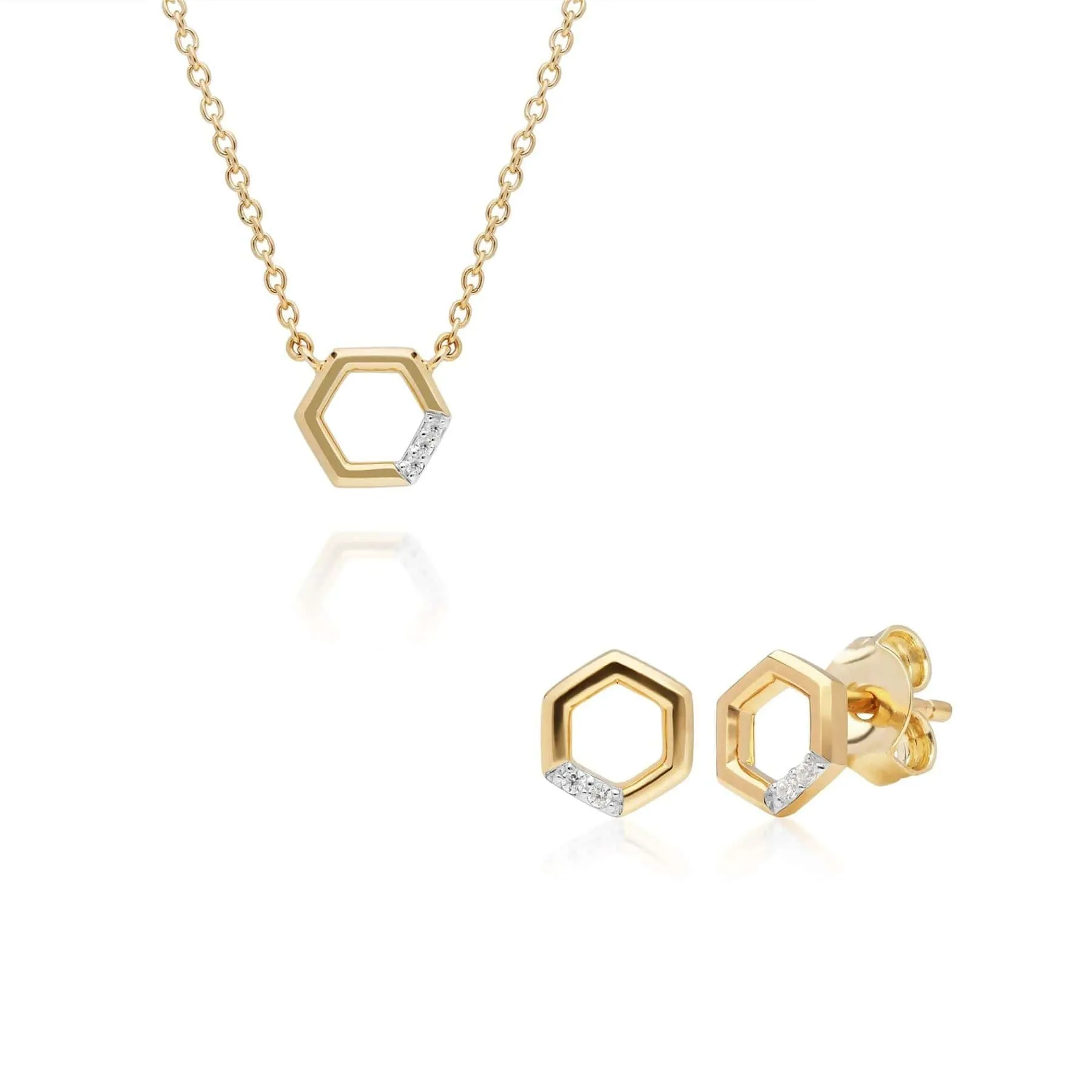 Diamond Pave Hexagon Necklace & Stud Earring Set in 9ct Yellow Gold sold by Gemondo Jewellery