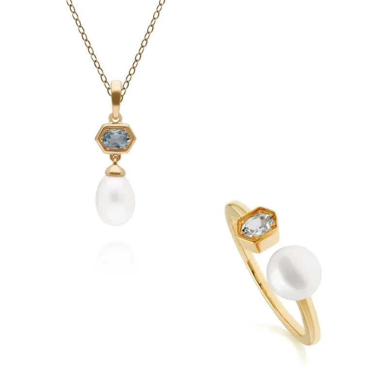 Modern Pearl & Aquamarine Pendant & Ring Set in Gold Plated Silver sold by Gemondo Jewellery