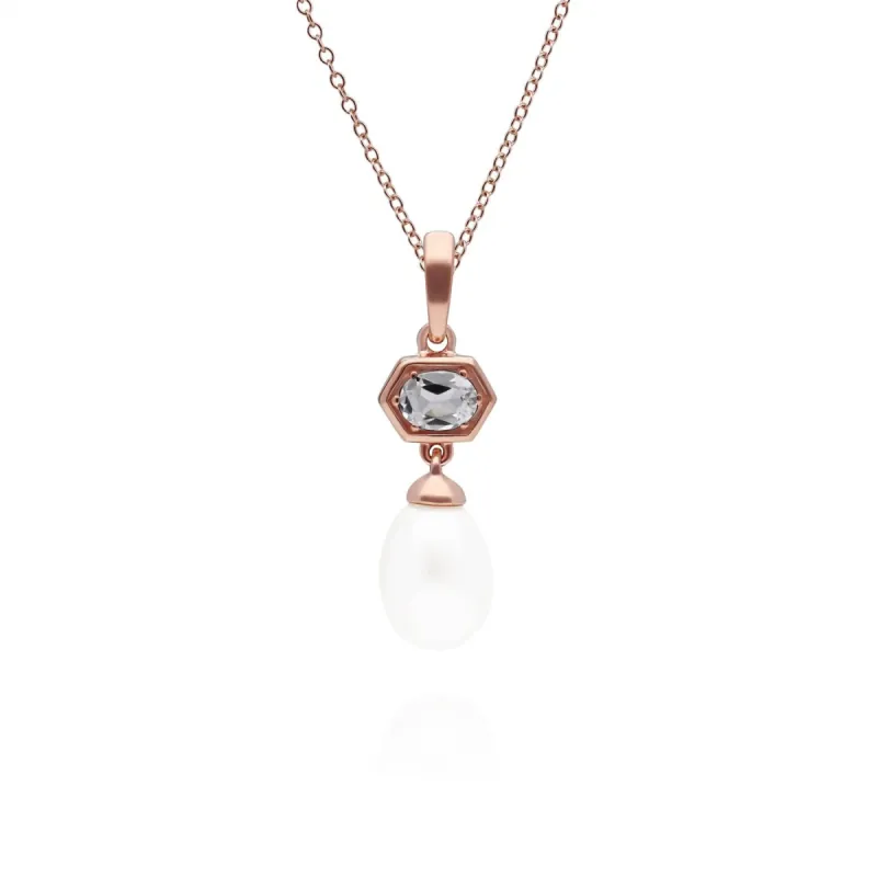 Modern Pearl & White Topaz Hexagon Drop Pendant in Rose Gold Plated Silver sold by Gemondo Jewellery