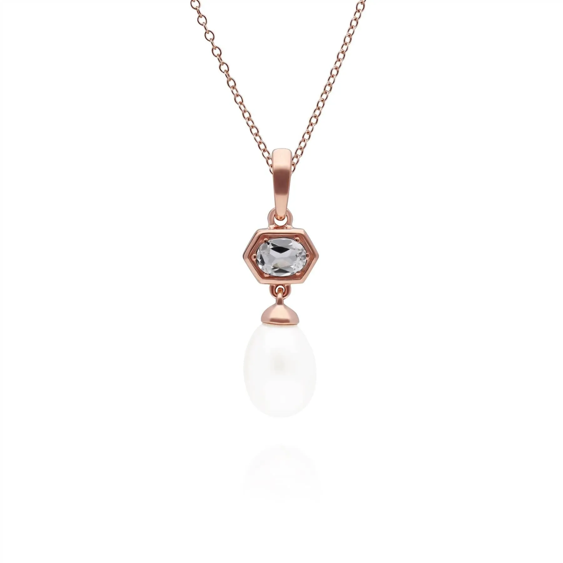 Modern Pearl & White Topaz Hexagon Drop Pendant in Rose Gold Plated Silver sold by Gemondo Jewellery