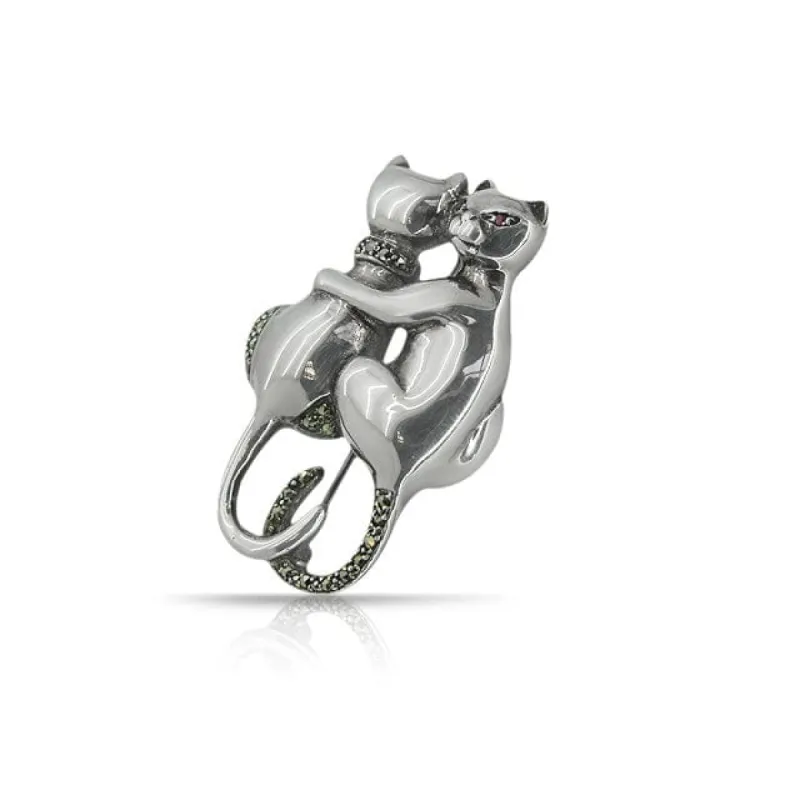 Art Nouveau Style Round Marcasite & Ruby Cat Brooch in 925 Sterling Silver sold by Gemondo Jewellery