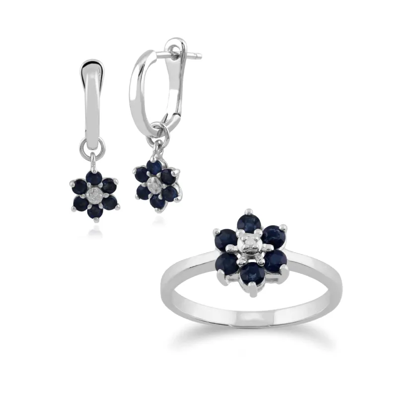 Floral Round Sapphire & Diamond Flower Drop Earrings & Ring Set in 9ct White Gold sold by Gemondo Jewellery