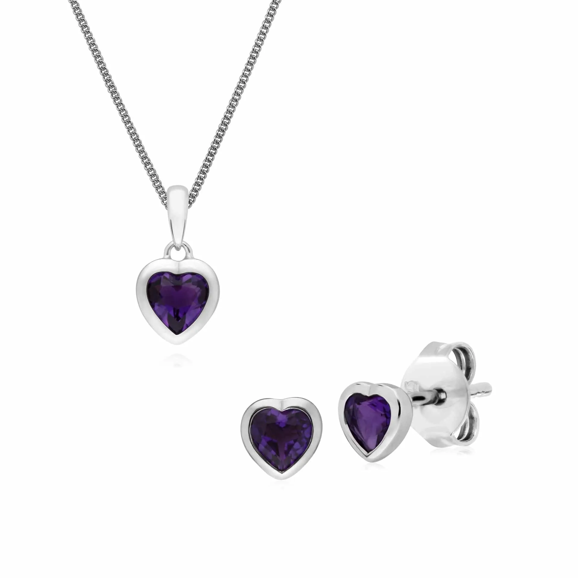 Classic Heart Amethyst Stud Earrings & Pendant Set in 925 Sterling Silver sold by Gemondo Jewellery