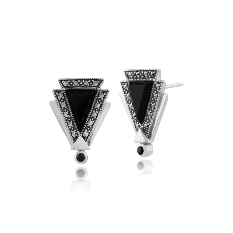 Art Deco Style Black Onyx, Marcasite & Black Spinel Triangle Stud Earrings in Sterling Silver sold by Gemondo Jewellery