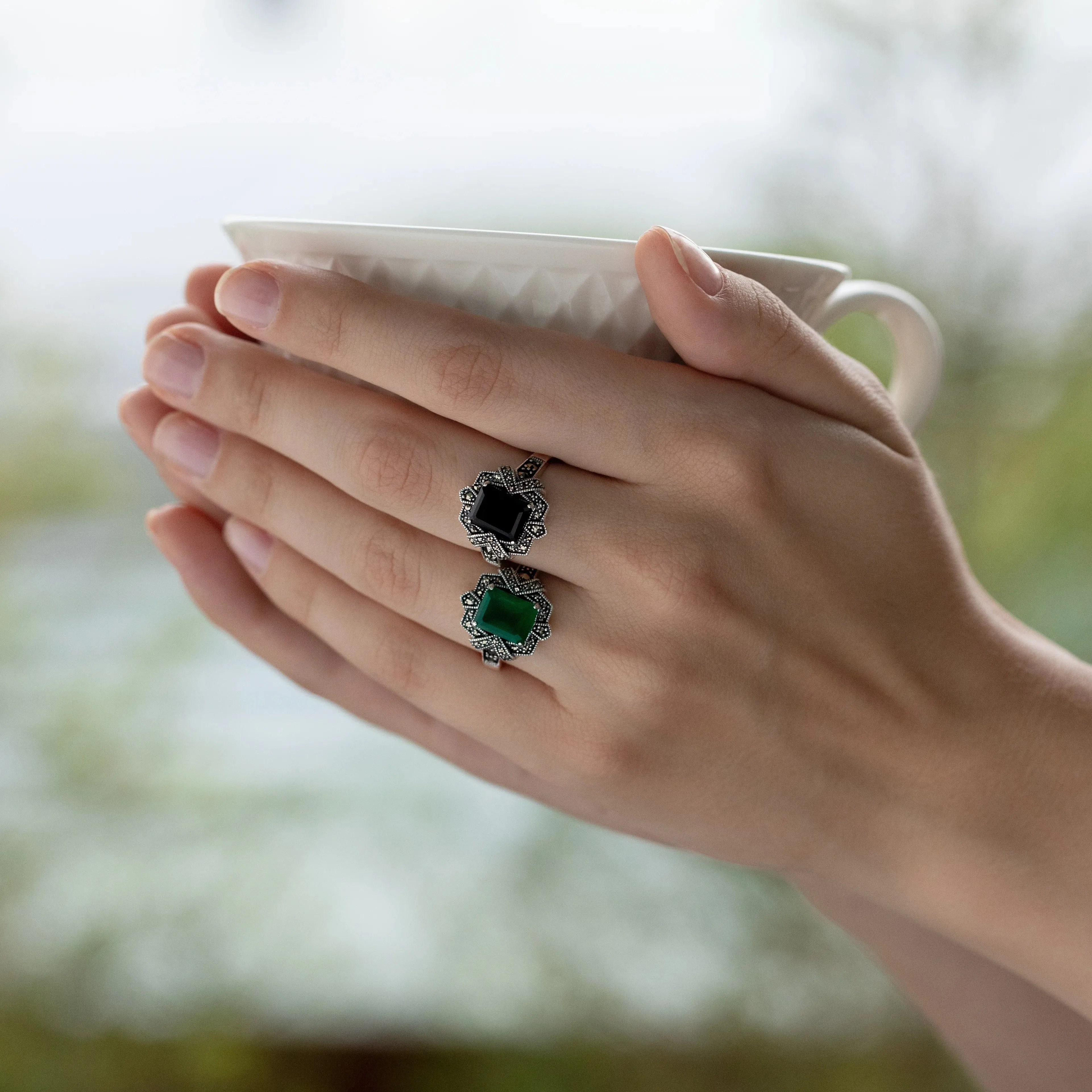 Art Deco Style Baguette Black Onyx & Marcasite Ring in 925 Sterling Silver sold by Gemondo Jewellery product image thumbnail 2