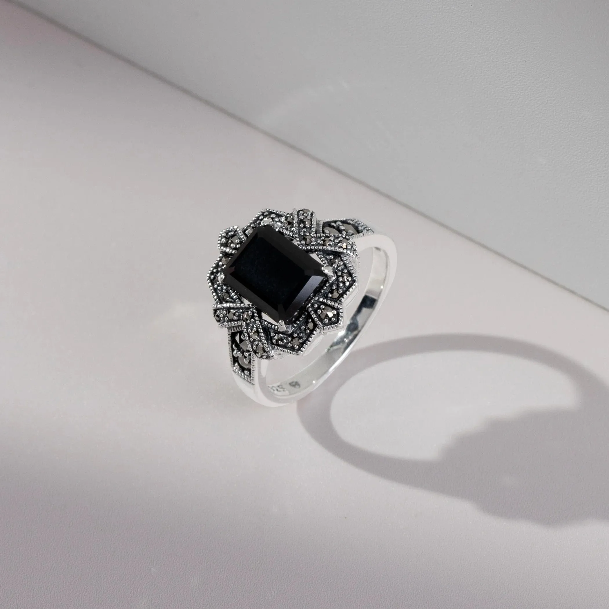 Art Deco Style Baguette Black Onyx & Marcasite Ring in 925 Sterling Silver sold by Gemondo Jewellery product image thumbnail 3