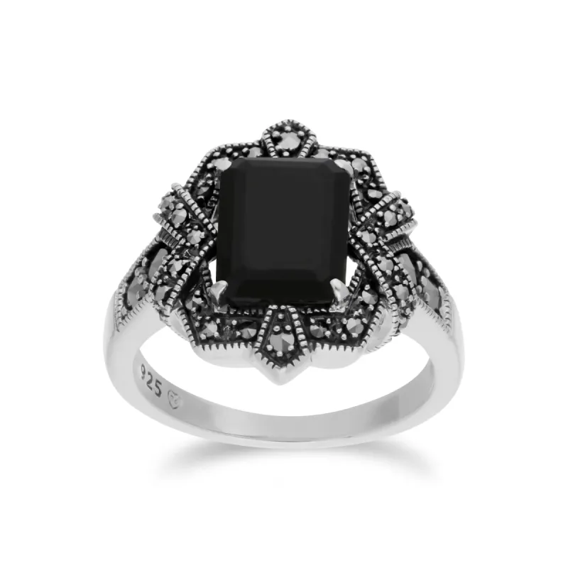Art Deco Style Baguette Black Onyx & Marcasite Ring in 925 Sterling Silver sold by Gemondo Jewellery