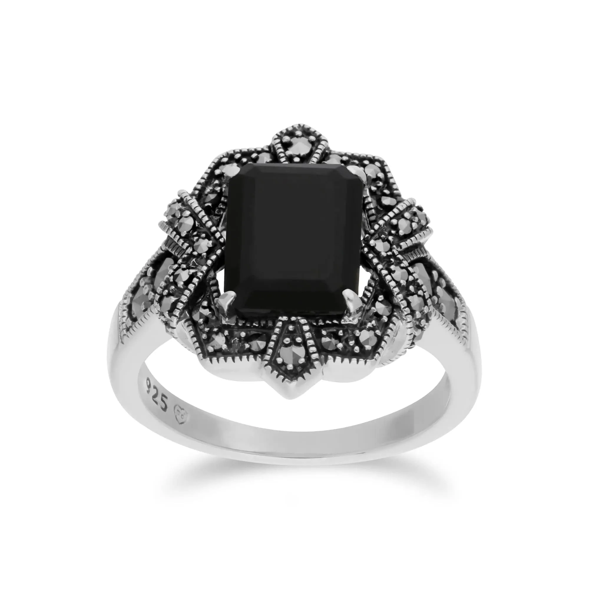 Art Deco Style Baguette Black Onyx & Marcasite Ring in 925 Sterling Silver sold by Gemondo Jewellery