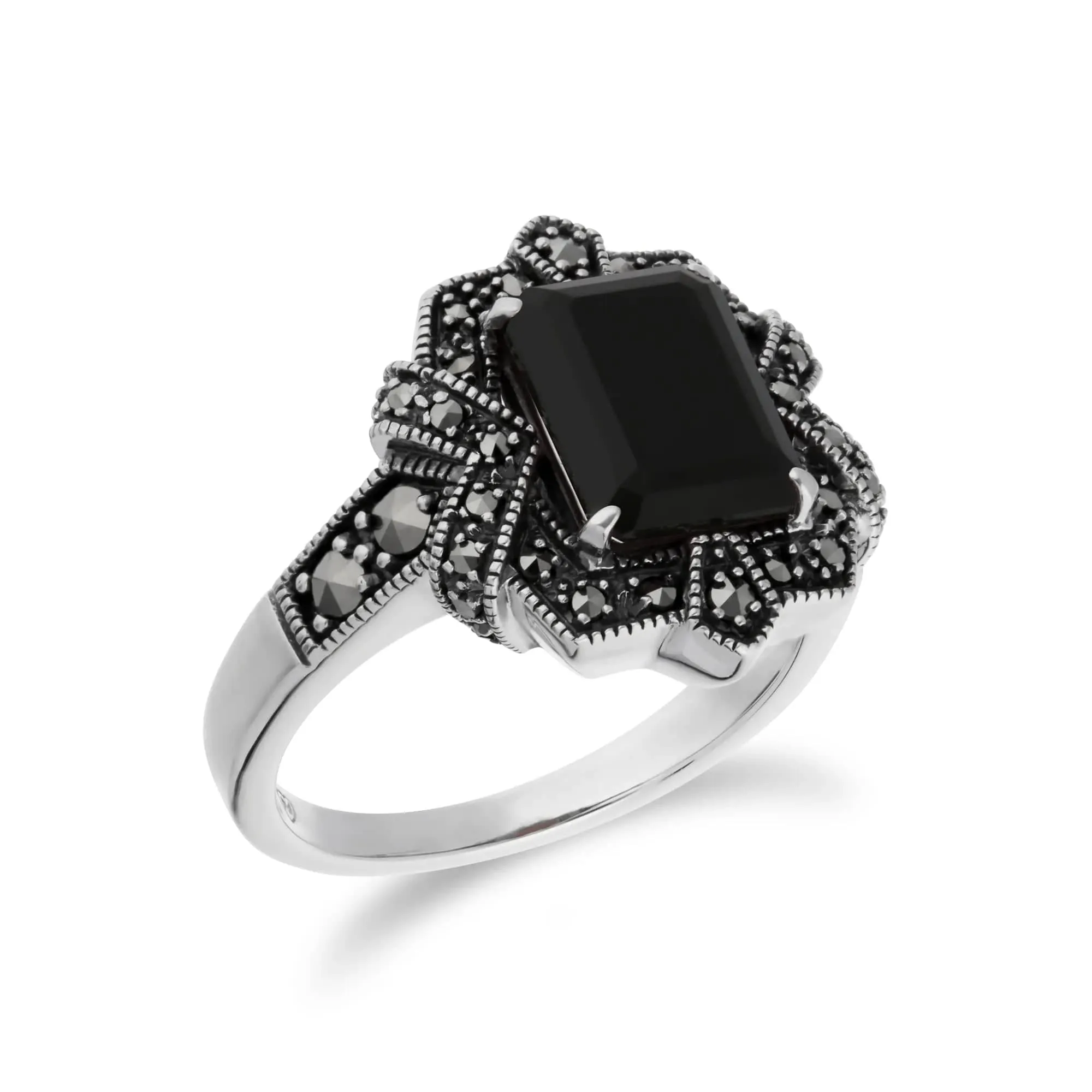 Art Deco Style Baguette Black Onyx & Marcasite Ring in 925 Sterling Silver sold by Gemondo Jewellery product image thumbnail 4