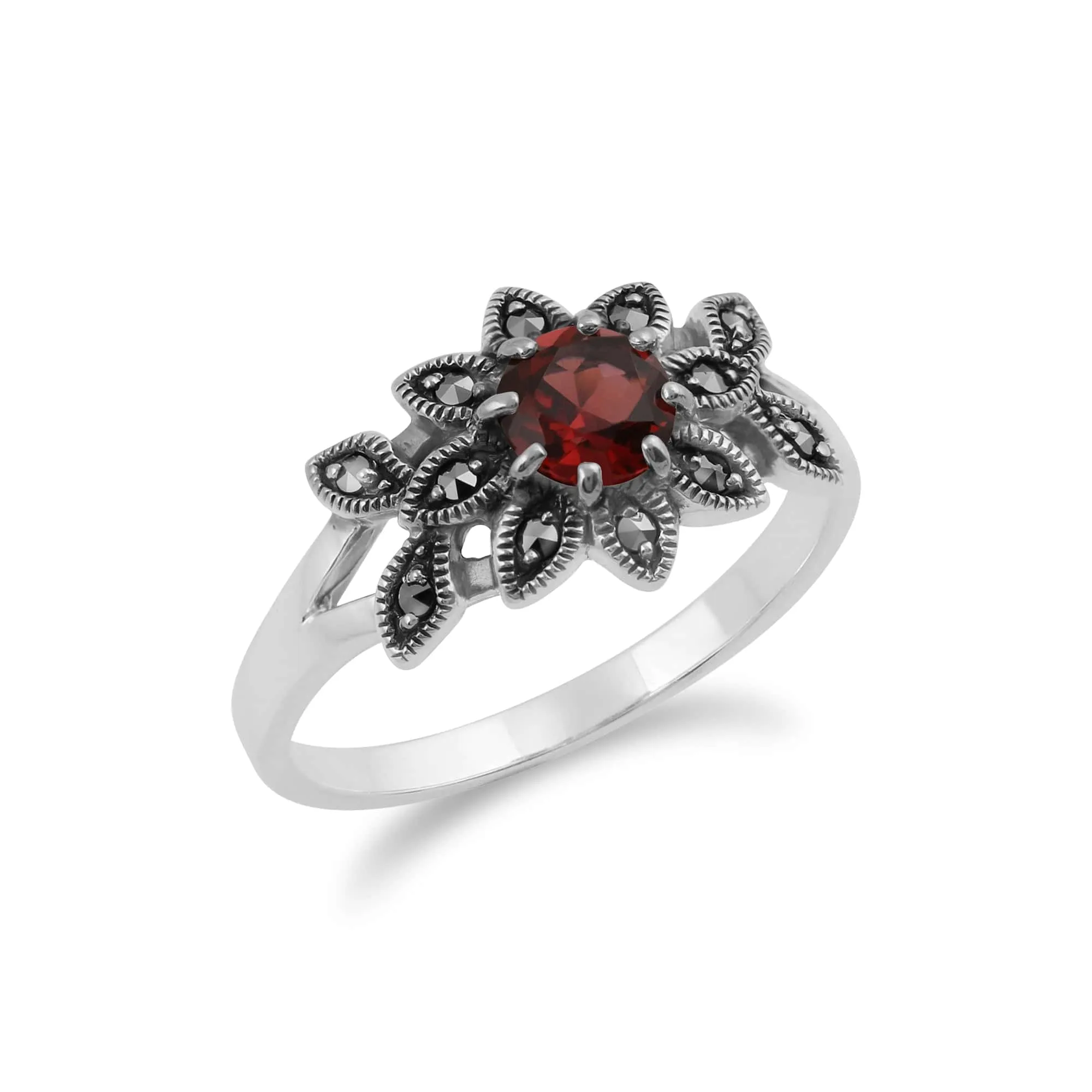Art Nouveau Style Round Garnet & Round Marcasite Floral Ring in Sterling Silver sold by Gemondo Jewellery product image thumbnail 2