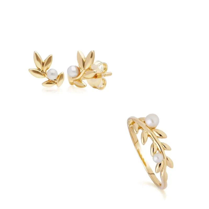 O Leaf Pearl Stud Earring & Ring Set in Gold Plated 925 Sterling Silver sold by Gemondo Jewellery