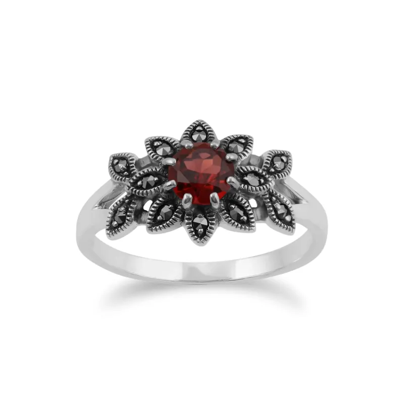 Art Nouveau Style Round Garnet & Round Marcasite Floral Ring in Sterling Silver sold by Gemondo Jewellery