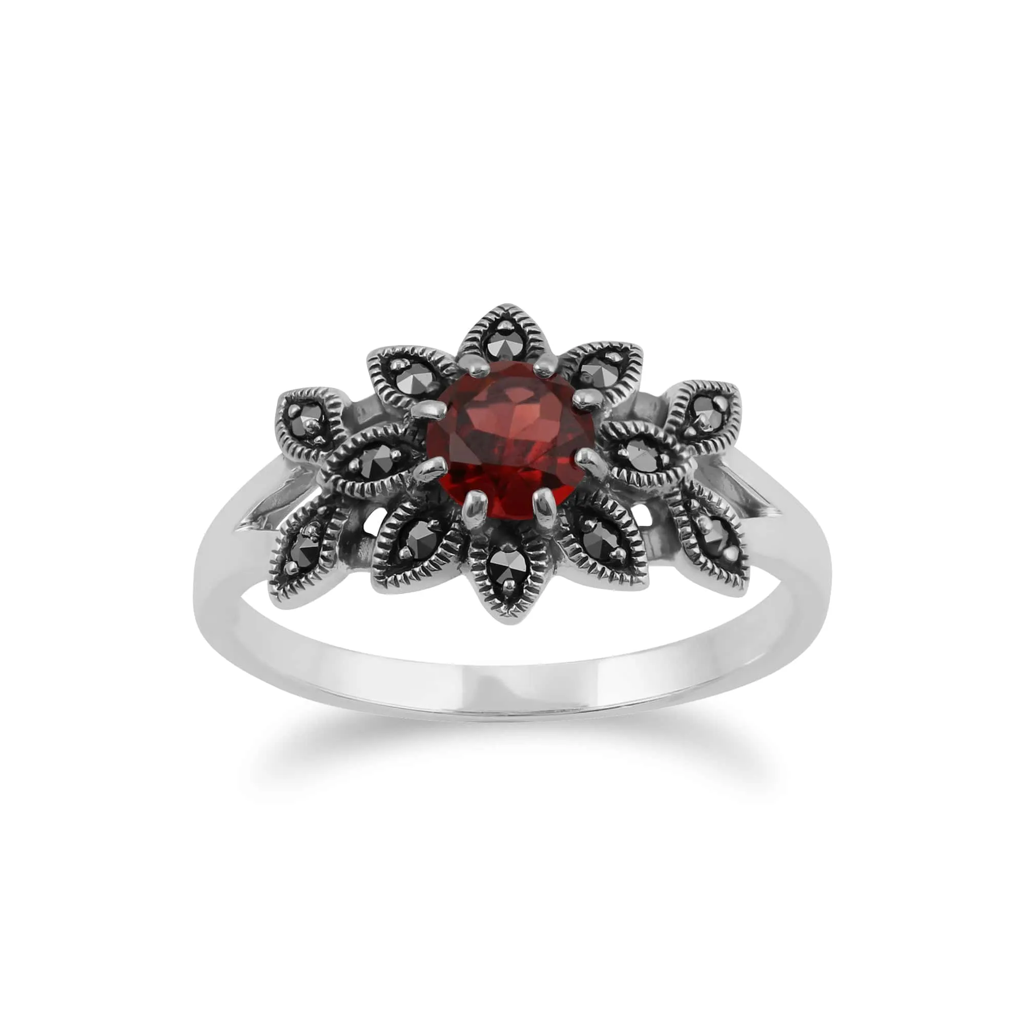 Art Nouveau Style Round Garnet & Round Marcasite Floral Ring in Sterling Silver sold by Gemondo Jewellery