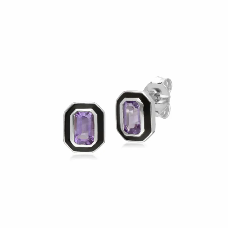 Art Deco Style Octagon Amethyst & Black Enamel Stud Earrings in 925 Sterling Silver 8x6mm sold by Gemondo Jewellery