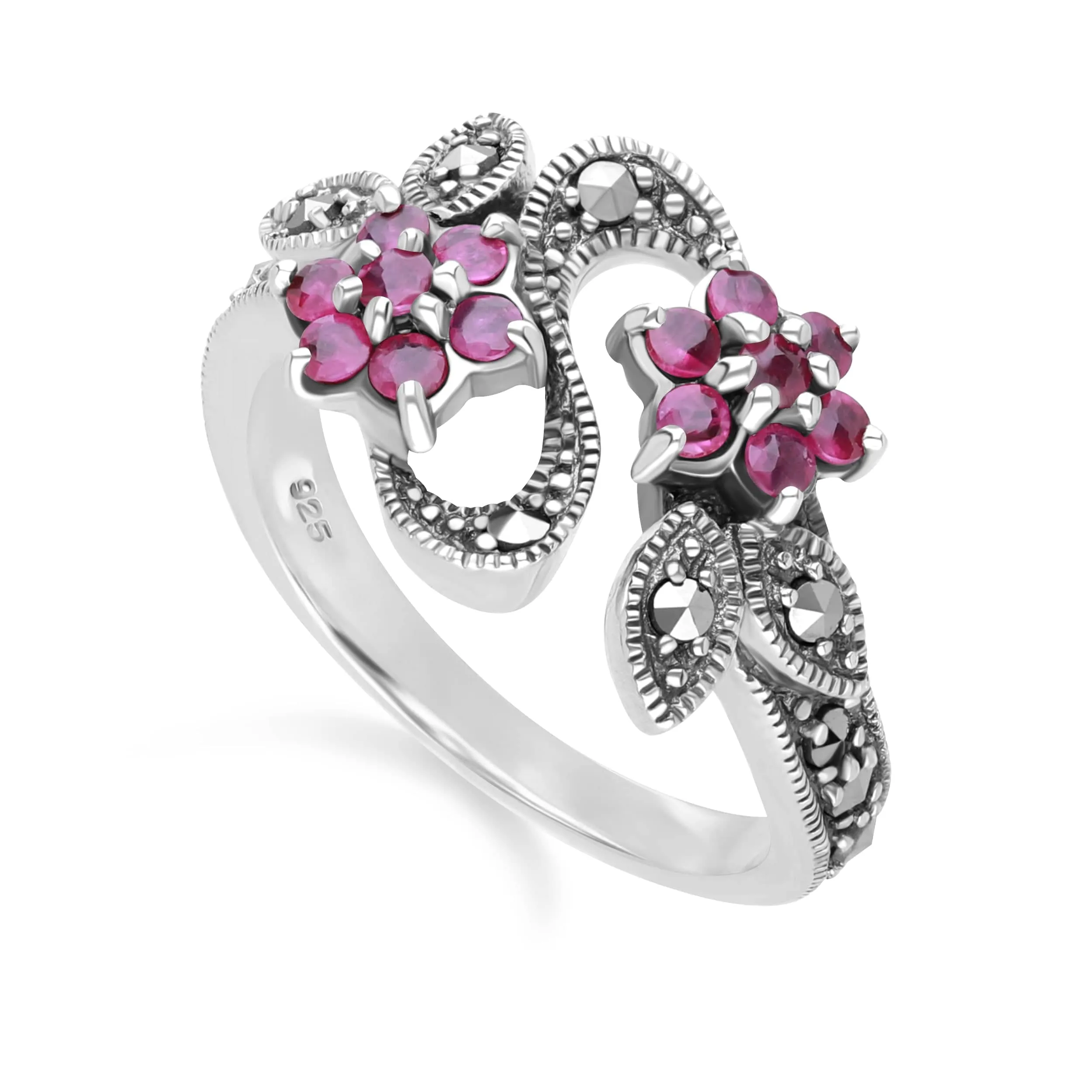 Art Nouveau Style Round Ruby & Marcasite Flower Ring in Sterling Silver sold by Gemondo Jewellery product image thumbnail 2