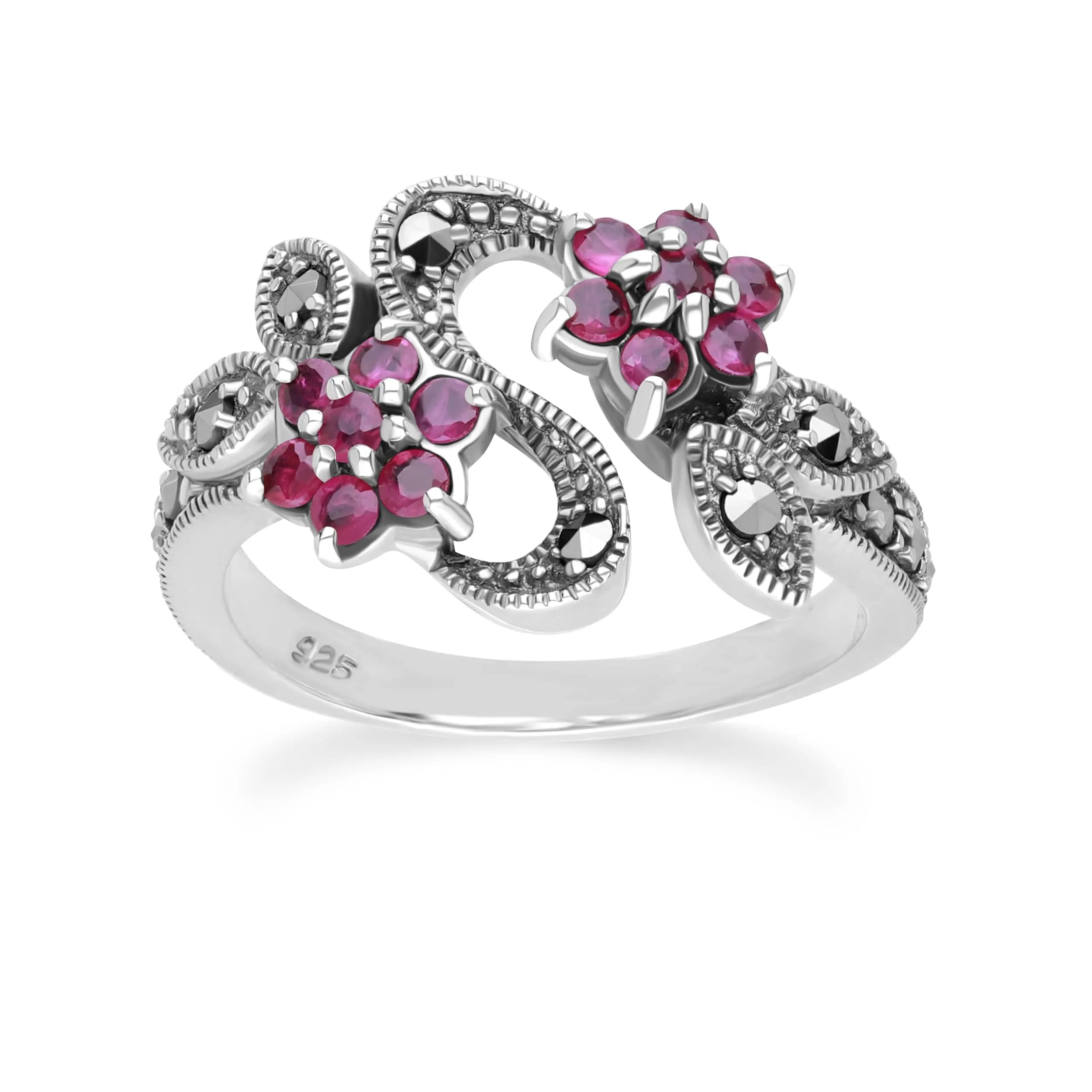 Art Nouveau Style Round Ruby & Marcasite Flower Ring in Sterling Silver sold by Gemondo Jewellery