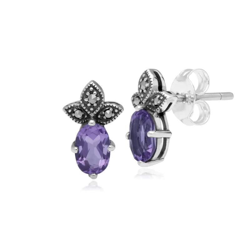 Gemondo Sterling Silver Amethyst & Marcasite February Stud Earrings sold by Gemondo Jewellery
