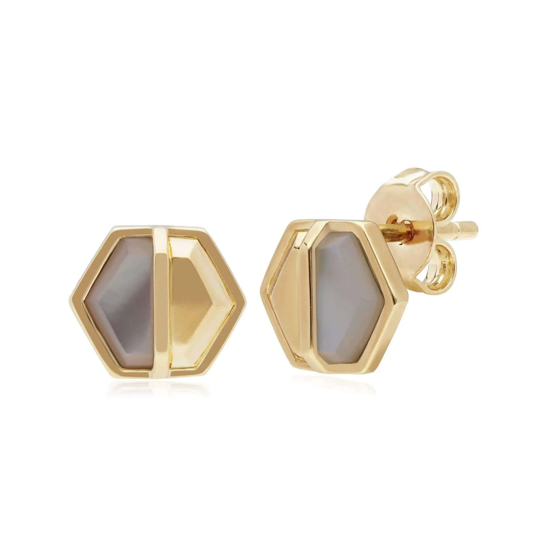 Micro Statement Mother of Pearl Hexagon Stud Earrings in Gold Plated Silver sold by Gemondo Jewellery