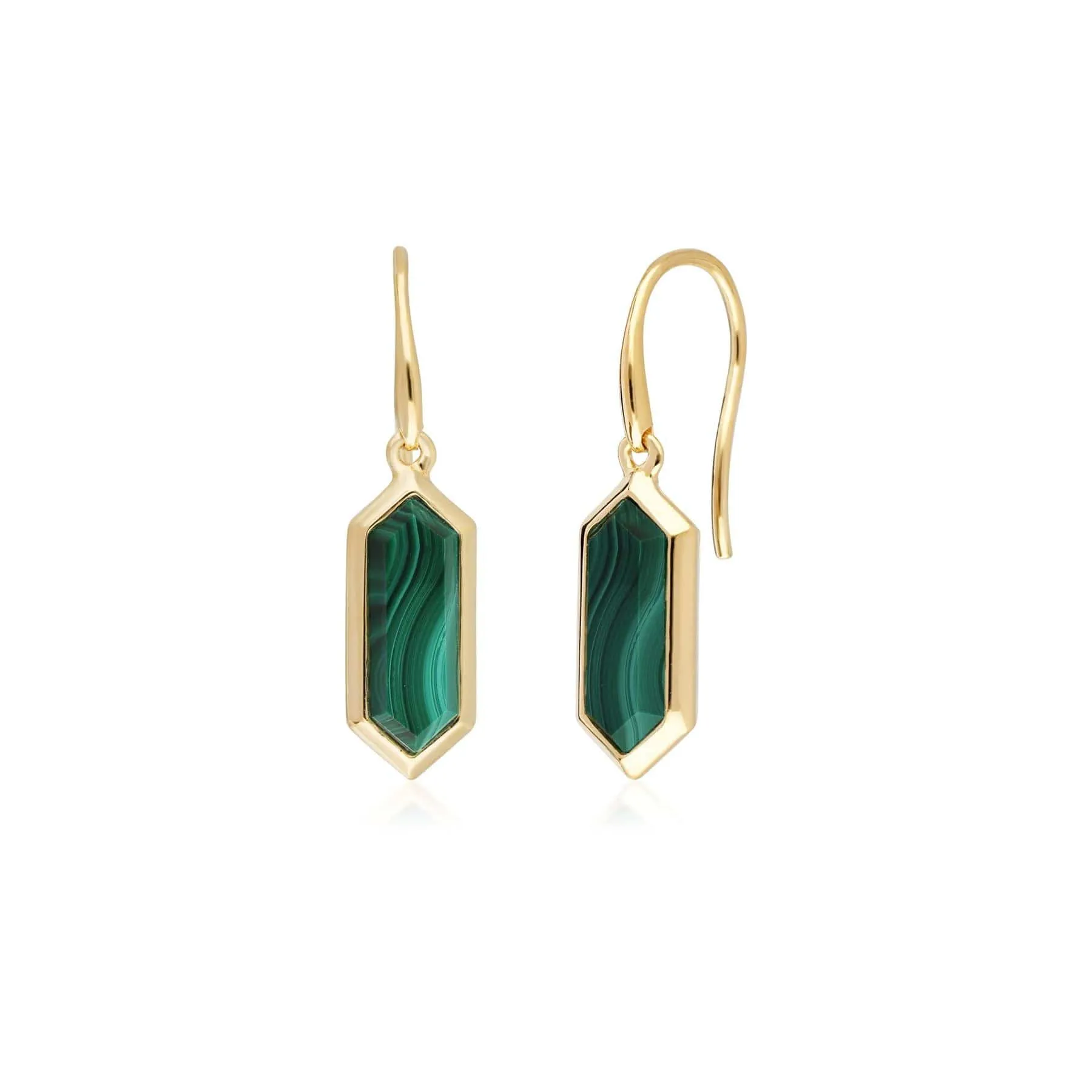 Geometric Hexagon Malachite Drop Earrings in Gold Plated Silver sold by Gemondo Jewellery
