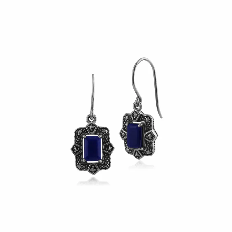 Art Deco Style Octagon Lapis Lazuli & Marcasite Drop Earrings in 925 Sterling Silver sold by Gemondo Jewellery