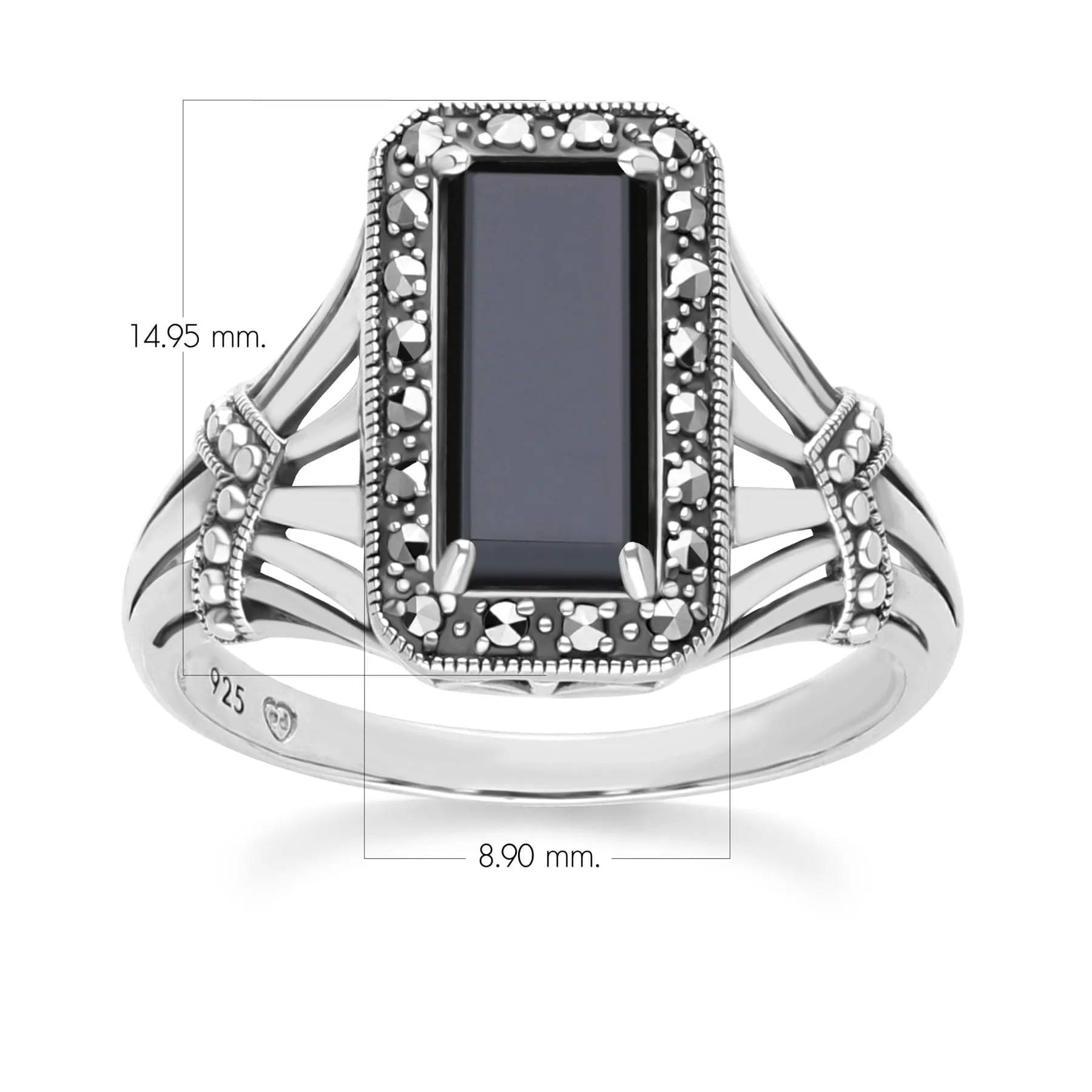 Art Deco Style Octagon Onyx and Marcasite Ring in Sterling Silver sold by Gemondo Jewellery product image thumbnail 4