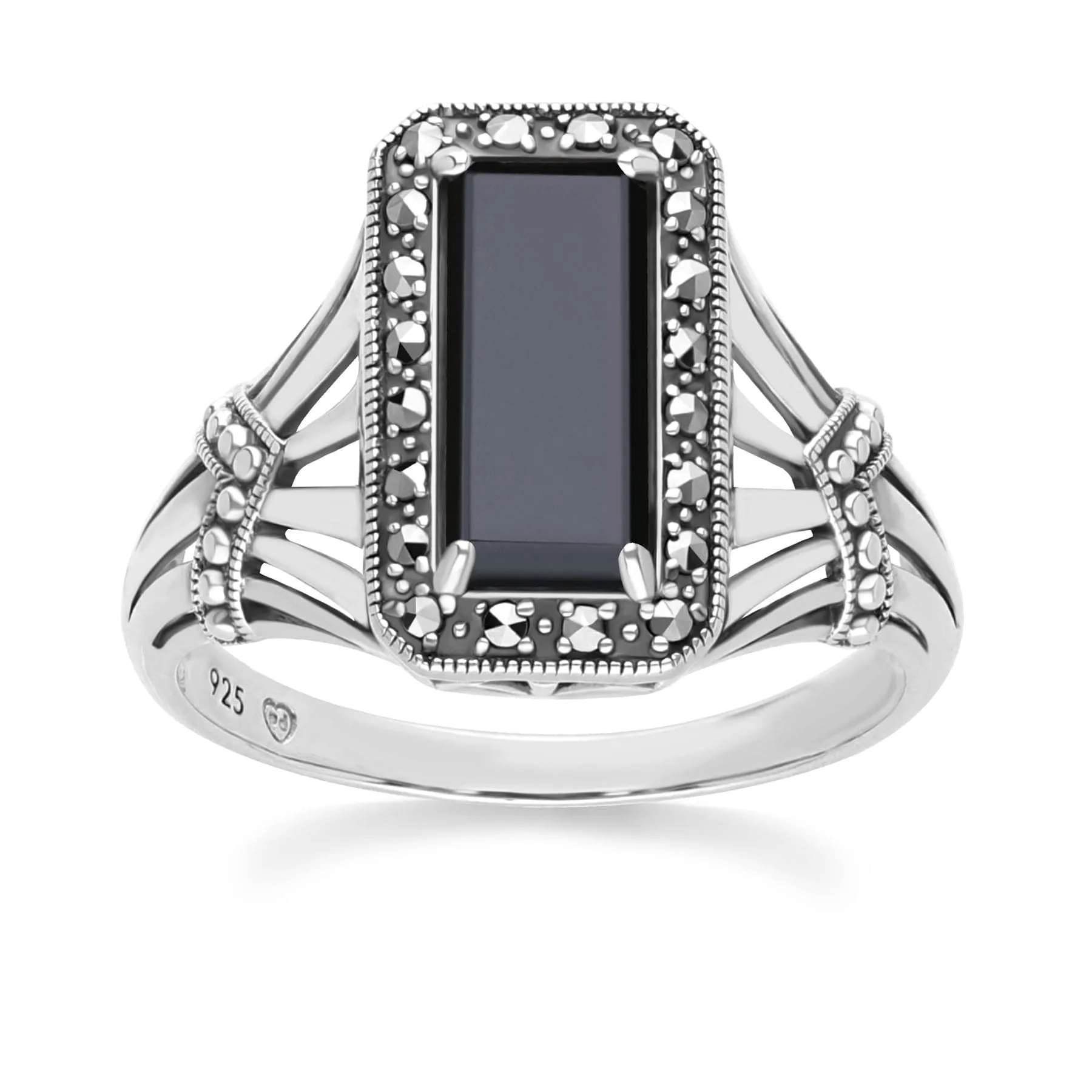 Art Deco Style Octagon Onyx and Marcasite Ring in Sterling Silver sold by Gemondo Jewellery