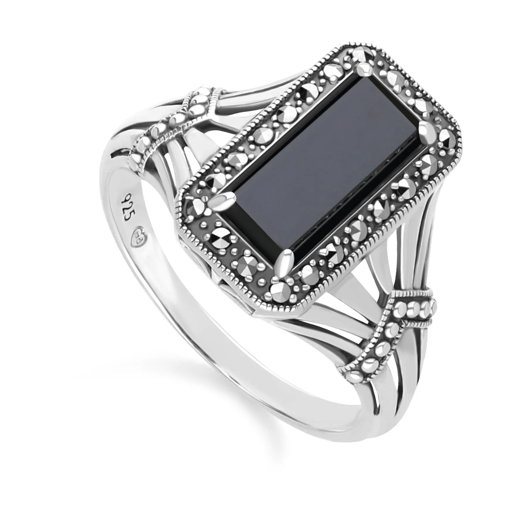 Art Deco Style Octagon Onyx and Marcasite Ring in Sterling Silver sold by Gemondo Jewellery product image thumbnail 3