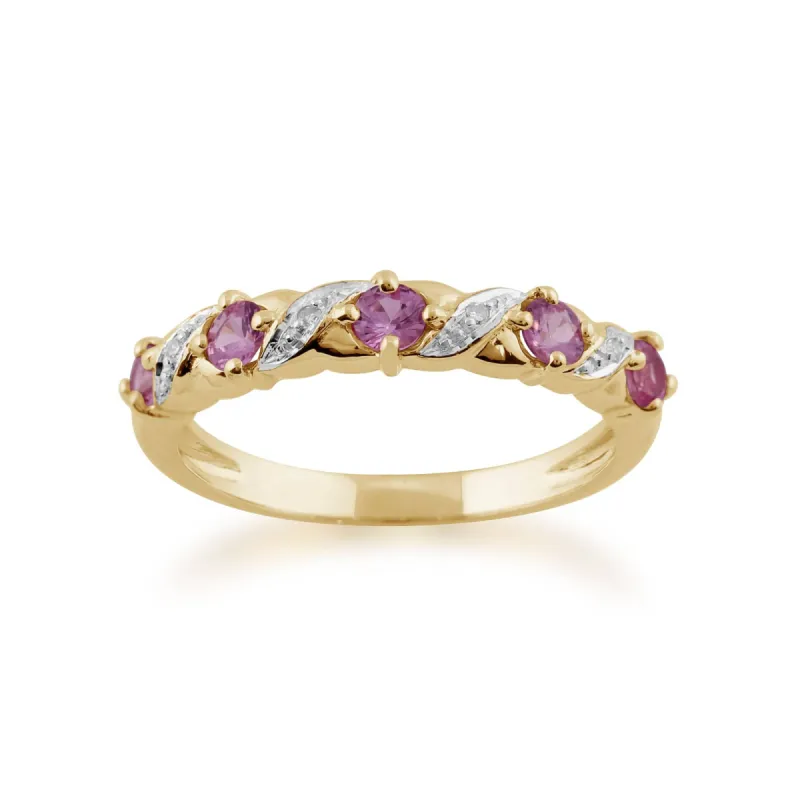 Classic Art Nouveau Round Pink Sapphire & Diamond Half Eternity Ring In 9ct Yellow Gold sold by Gemondo Jewellery