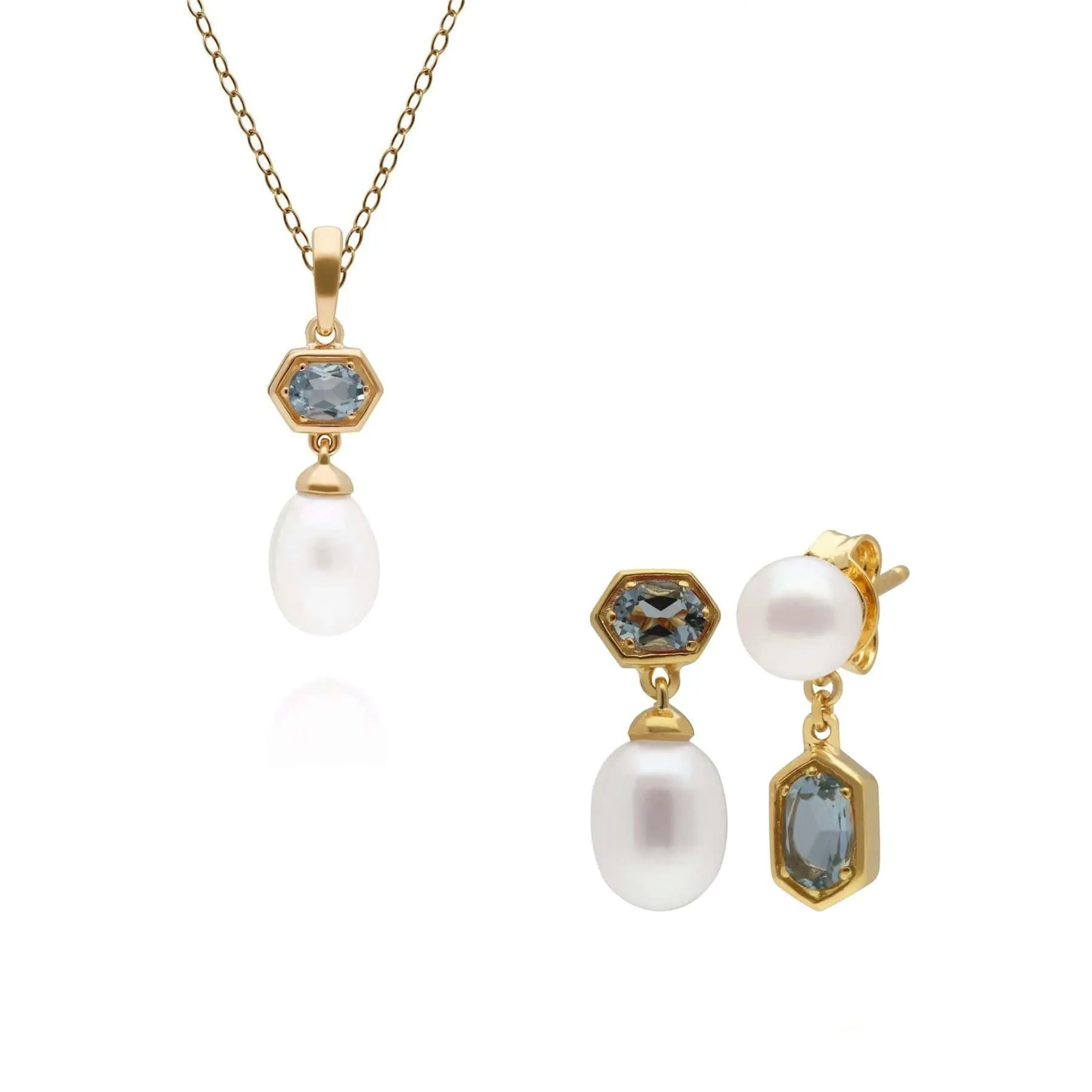 Modern Pearl & Aquamarine Pendant & Earring Set in Gold Plated Silver sold by Gemondo Jewellery