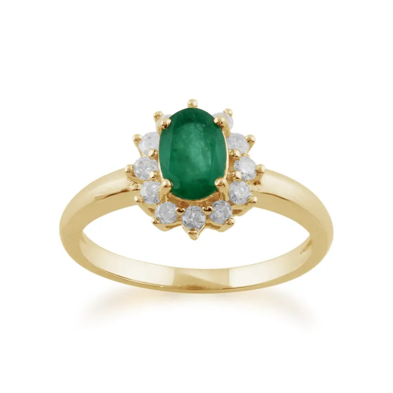Classic Oval Emerald & Diamond Cluster Ring in 9ct Yellow Gold sold by Gemondo Jewellery