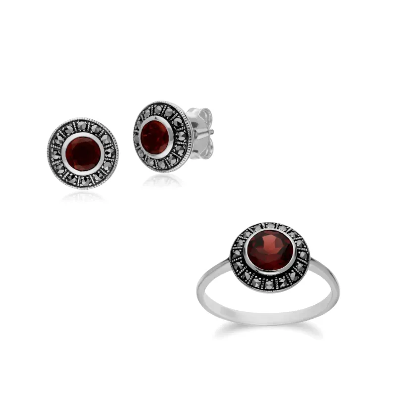 Art Deco Style Round Garnet and Marcasite Cluster Stud Earrings & Ring Set in 925 Sterling Silver sold by Gemondo Jewellery