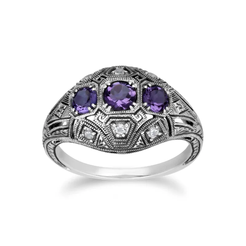 Art Deco Style Round Amethyst & White Topaz Three Stone Ring in Sterling Silver sold by Gemondo Jewellery