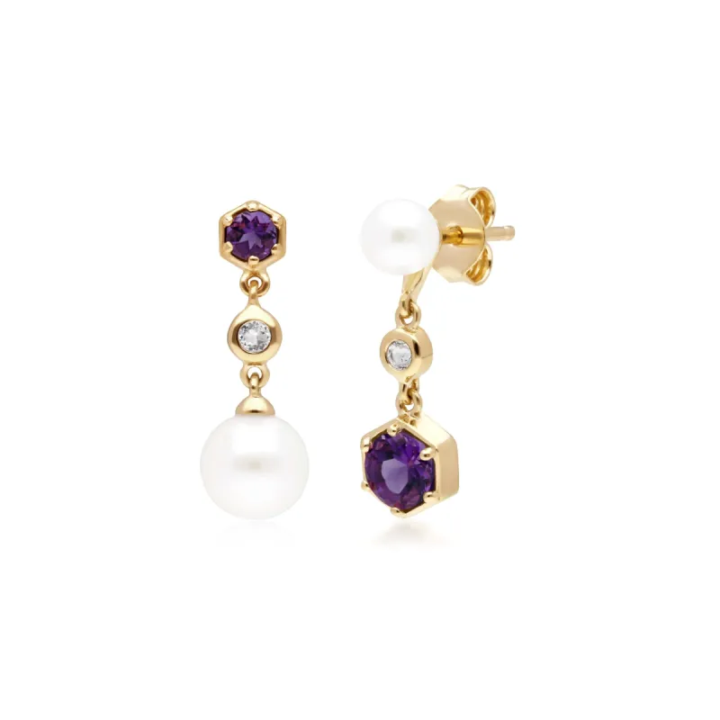 Modern Pearl, Amethyst & Topaz Mismatched Drop Earrings in Gold Plated Silver sold by Gemondo Jewellery