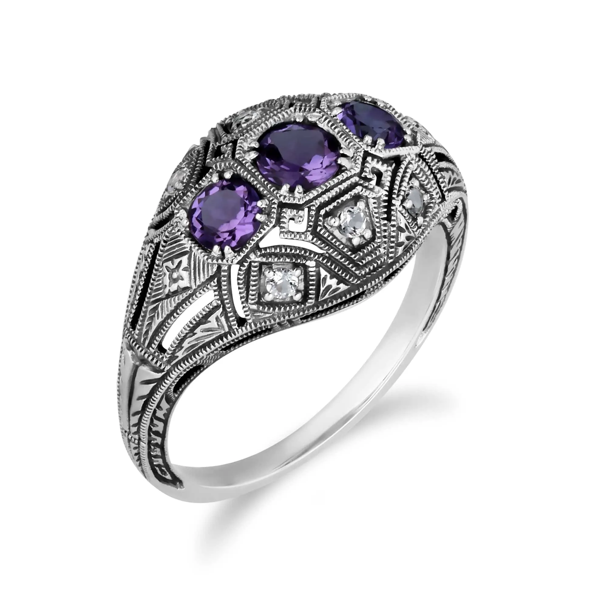 Art Deco Style Round Amethyst & White Topaz Three Stone Ring in Sterling Silver sold by Gemondo Jewellery product image thumbnail 2