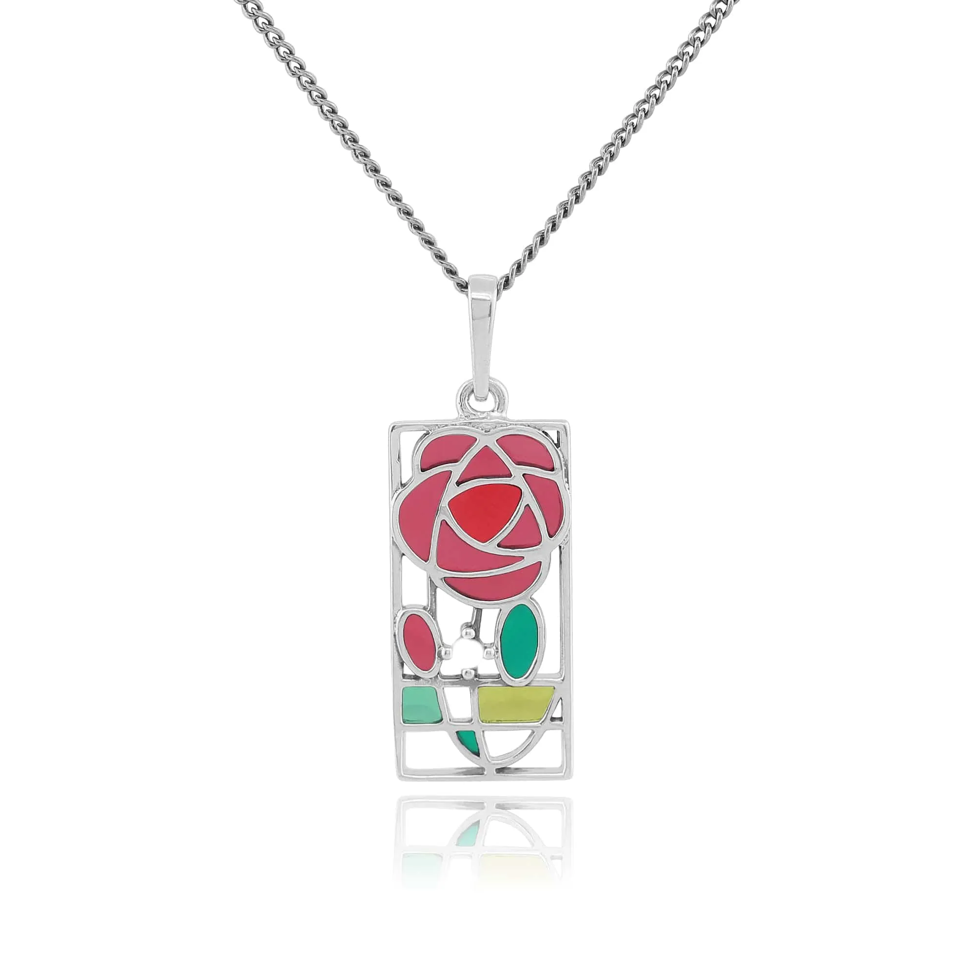 Rennie Mackintosh Inspired Inspired Enamel Glasgow Rose Rectangle Drop Earrings & Pendant in 925 Sterling Silver sold by Gemondo Jewellery product image thumbnail 4