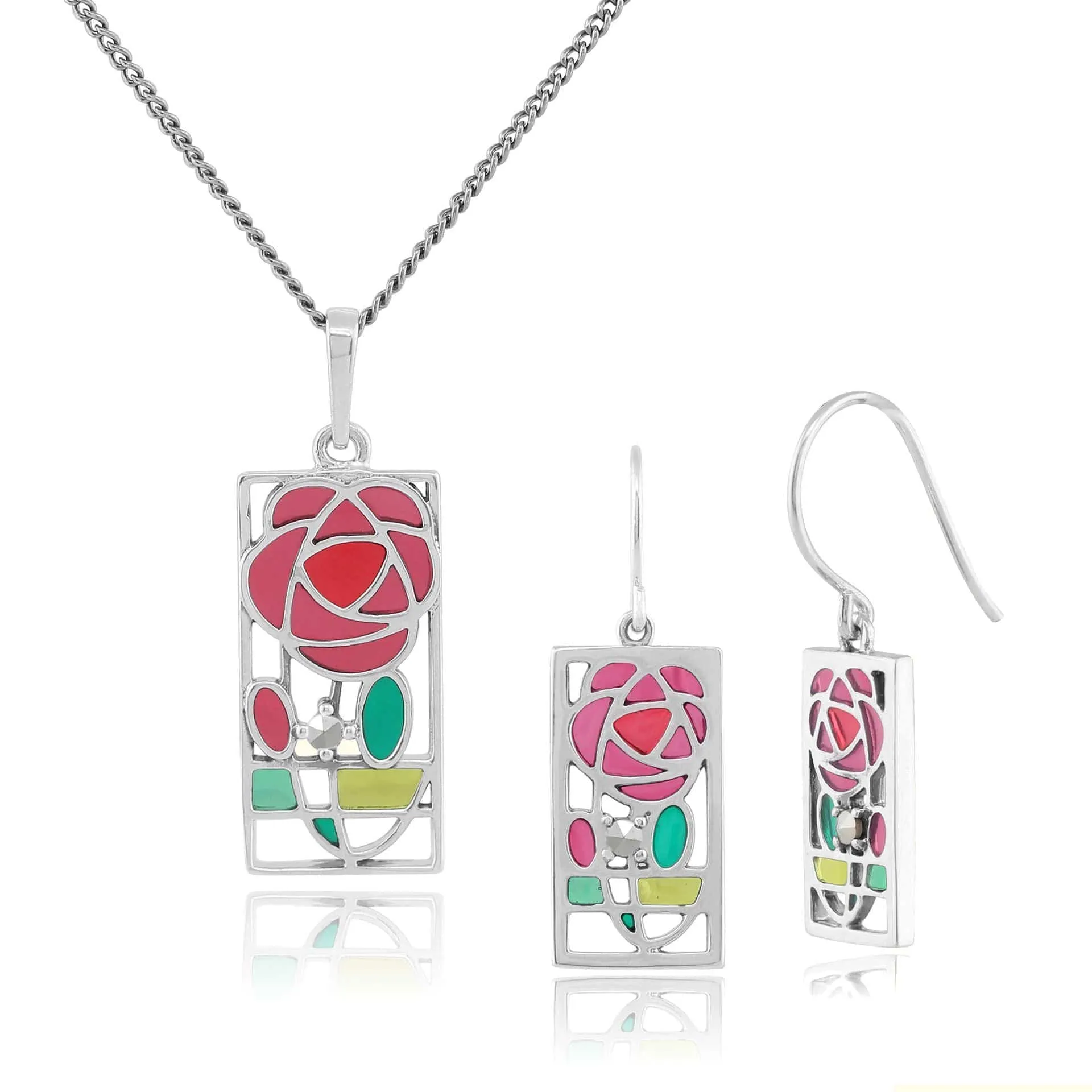 Rennie Mackintosh Inspired Inspired Enamel Glasgow Rose Rectangle Drop Earrings & Pendant in 925 Sterling Silver sold by Gemondo Jewellery