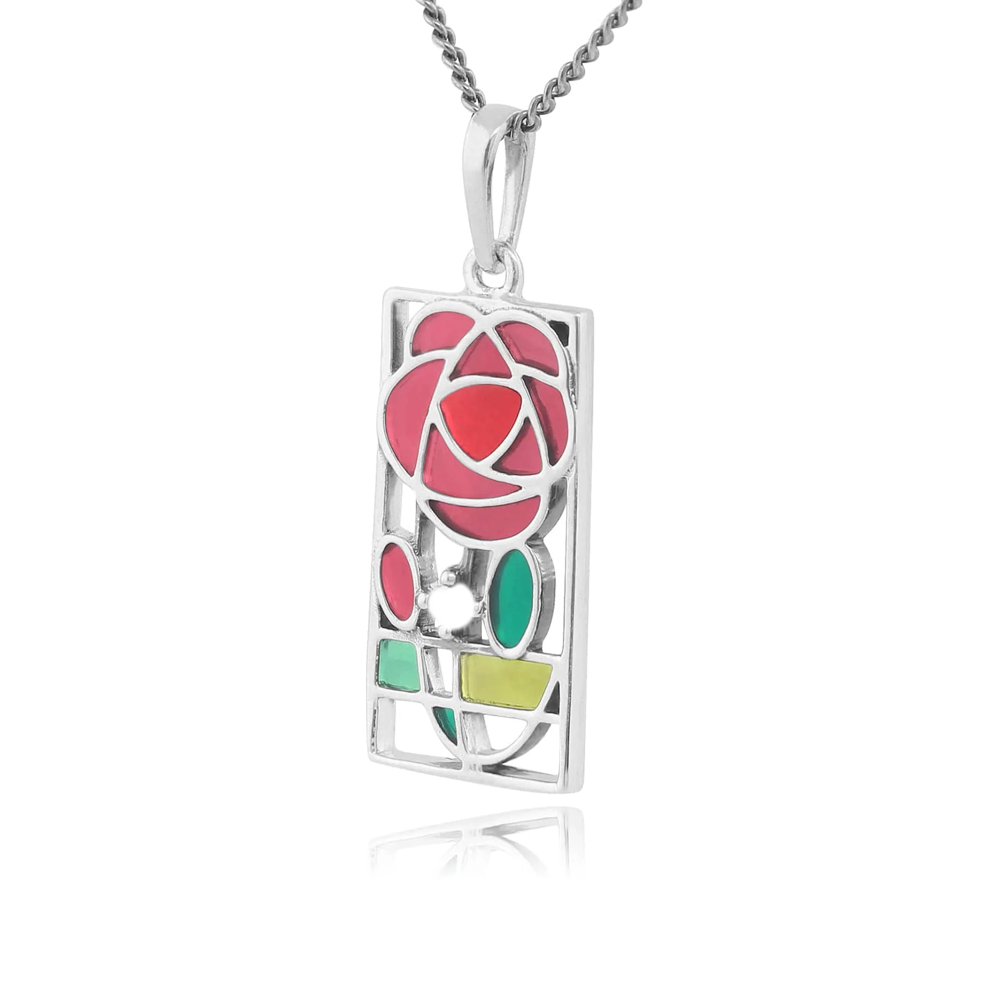 Rennie Mackintosh Inspired Inspired Enamel Glasgow Rose Rectangle Drop Earrings & Pendant in 925 Sterling Silver sold by Gemondo Jewellery product image thumbnail 5
