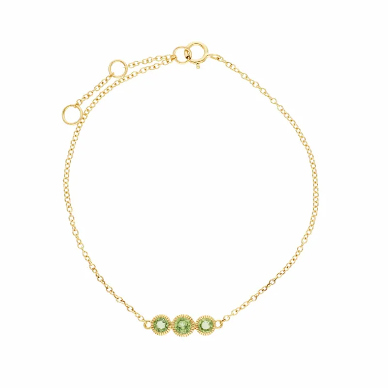 Classic Round Peridot Three Stone Milgrain Bracelet in 9ct Yellow Gold sold by Gemondo Jewellery